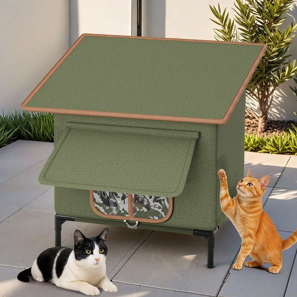 Wooflex Heated Outdoor Insulated Waterproof Feral Winter Cat House with Heating Pad & Escape Door, Green