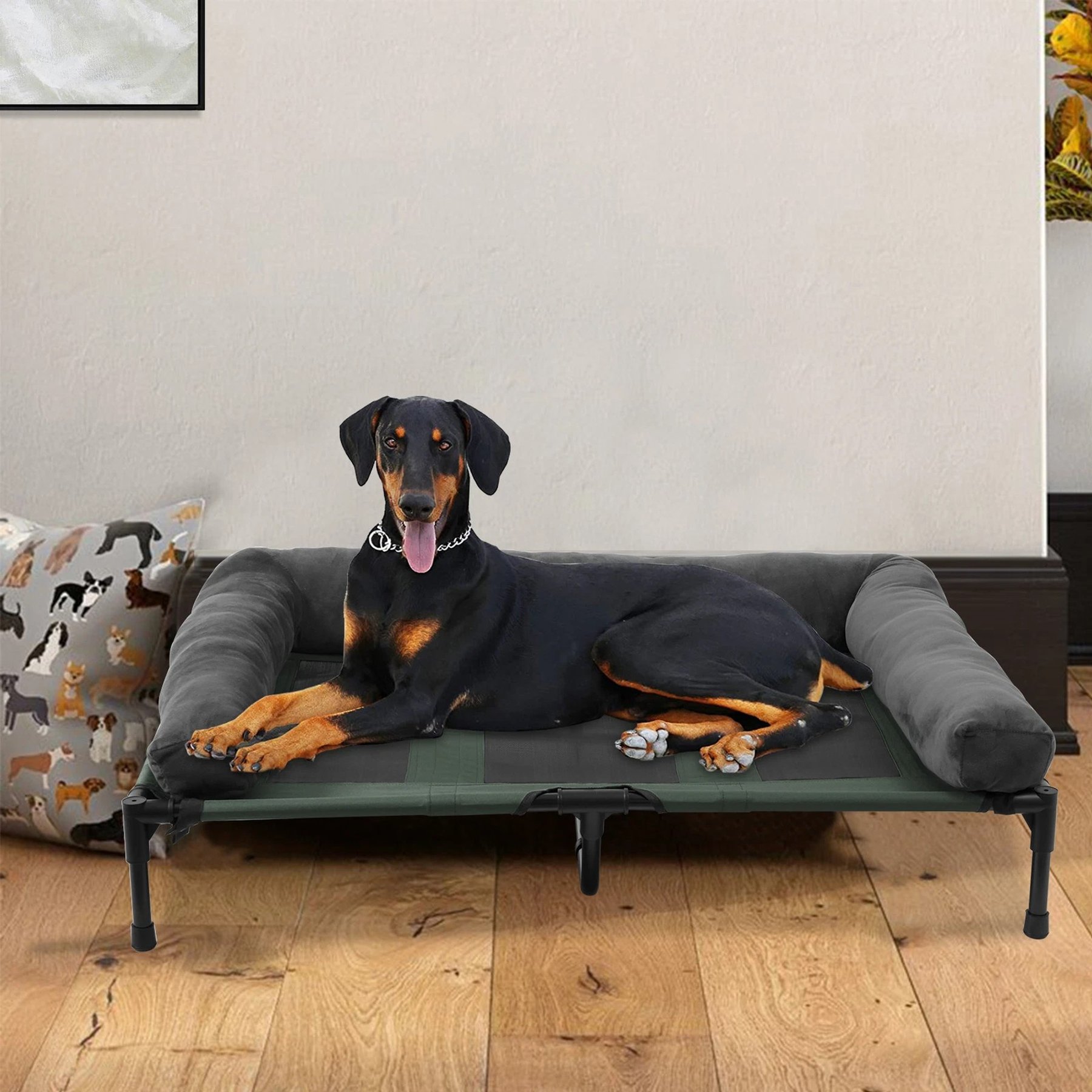BingoPaw Outdoor Summer Elevated Detachable Plush Bolster Dog Bed with Removable Cover, Grey, XX-Large