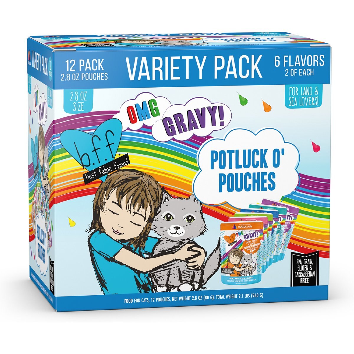 BFF OMG Potluck O' Pouches Variety Pack Grain-Free Cat Food, 2.8-oz pouch, bundle of 24