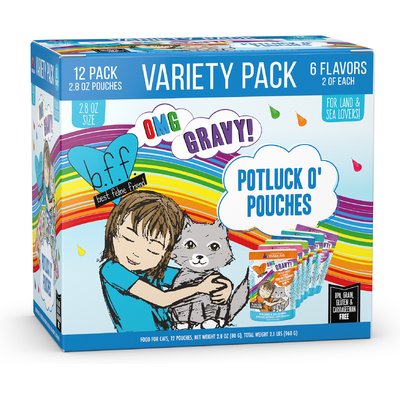 BFF BFF OMG Potluck O' Pouches Variety Pack Grain-Free Cat Food, 2.8-oz pouch, bundle of 24