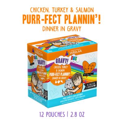 Show full view: BFF OMG Purr-Fect Plannin'! Chicken, Turkey & Salmon Dinner in Gravy Grain-Free Cat Food Pouches, 2.8-oz, pack of 12 slide 3 of 13