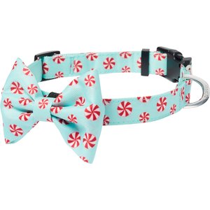 Frisco Christmas Peppermint Print Dog Collar with Removable Bow, M: 14 to 20-in neck, 3/4-in wide