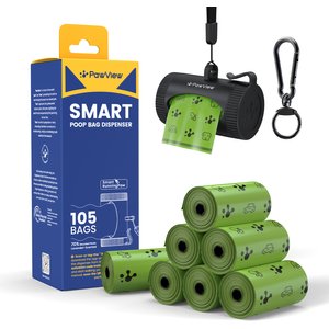 Pawview Leash Attachment Smart Holder Dog Poop Bag Dispenser with Bags, Carabiner Clip & Swivel Hook Design, 105 count, Lavender Scent, Black