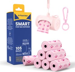 Pawview Leash Attachment Smart Holder Dog Poop Bag Dispenser with Bags, Carabiner Clip & Swivel Hook Design, 105 count, Lavender Scent, Pink
