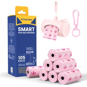 Pawview Leash Attachment Smart Holder Dog Poop Bag Dispenser with Bags, Carabiner Clip & Swivel Hook Design, 105 count, Lavender Scent, Pink