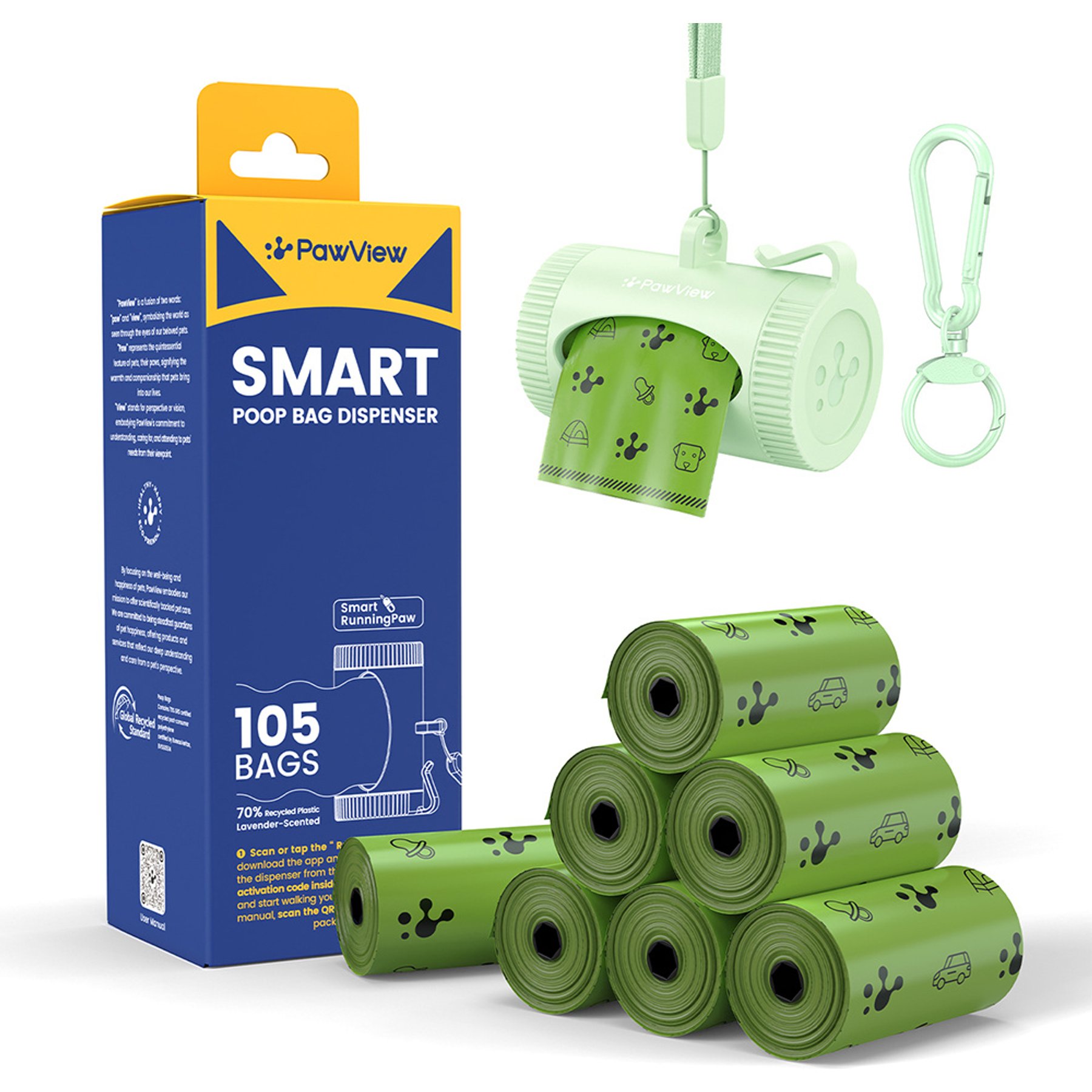 Pawview Leash Attachment Smart Holder Dog Poop Bag Dispenser with Bags, Carabiner Clip & Swivel Hook Design, 105 count, Lavender Scent, Green