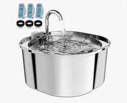 PEKTACO Stainless Steel Cat Fountain with Metal Spout & 3 Replacement Filters, 3.2 liter
