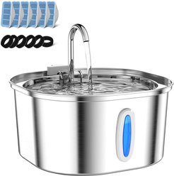 PEKTACO Stainless Steel Cat Water Fountain with Small Level Window, 6 Filters & 6 Sponges, 3.2 liter
