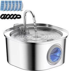 PEKTACO Stainless Steel Cat Fountain with Big Level Window, 6 Filters & 6 Sponges, 3.2 liter