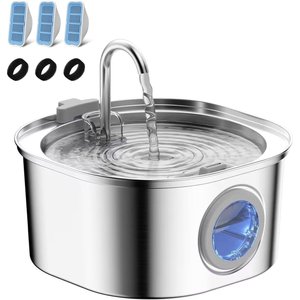 PEKTACO Stainless Steel Cat Water Fountain with Big Level Window, 3 Filters & 3 Sponges, 3.2 liter