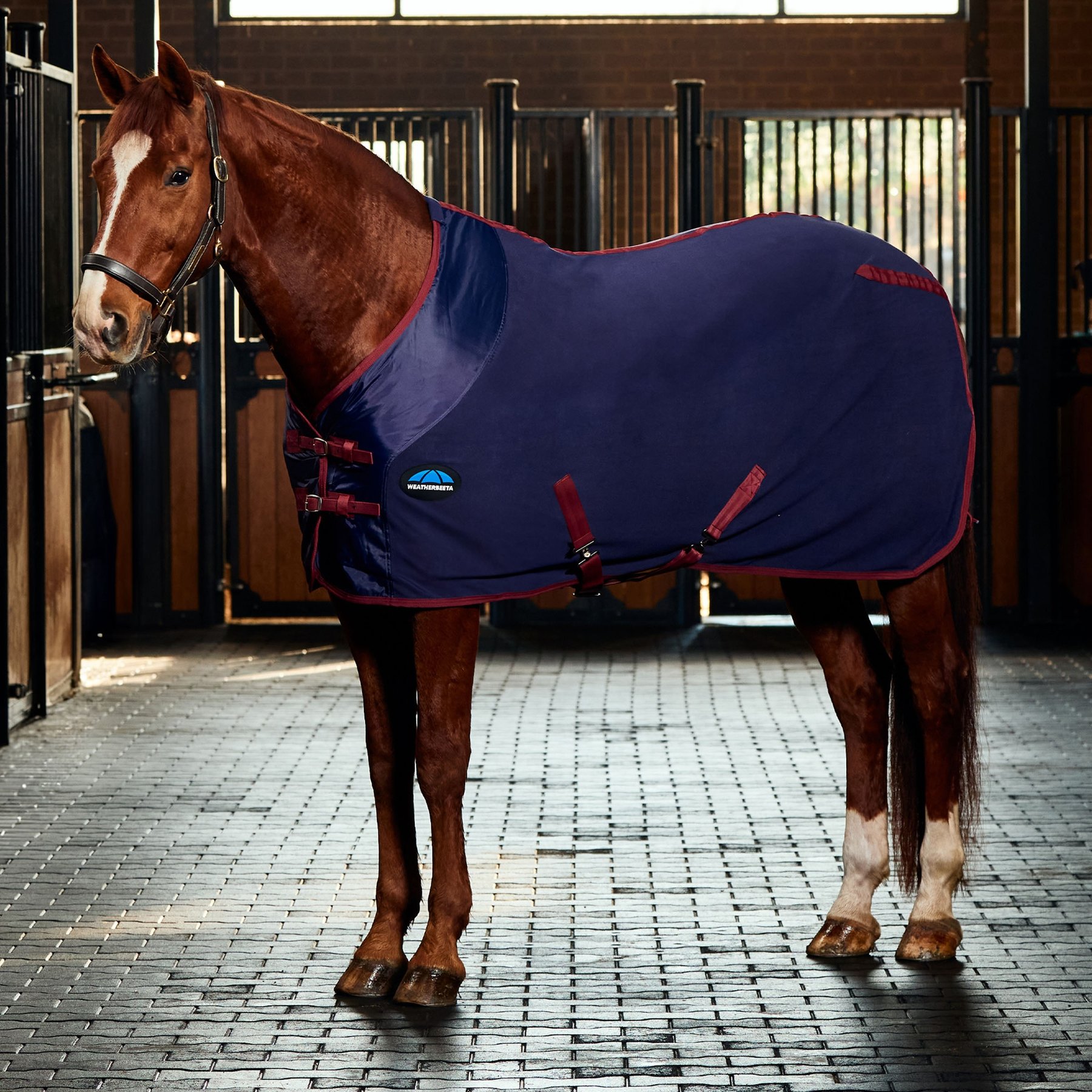 WeatherBeeta Anti-Static Fleece Standard Neck Horse Cooler, Navy/Burgundy, 69-in