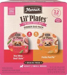 Merrick Lil’ Plates Dinner Duos Itsy Bitsy Beef Stew & Petite Pot Pie Variety Pack Grain-Free Wet Dog Food, 3.5-oz tub, case of 12