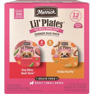 Merrick Lil’ Plates Dinner Duos Itsy Bitsy Beef Stew & Petite Pot Pie Variety Pack Grain-Free Wet Dog Food, 3.5-oz tub, case of 12