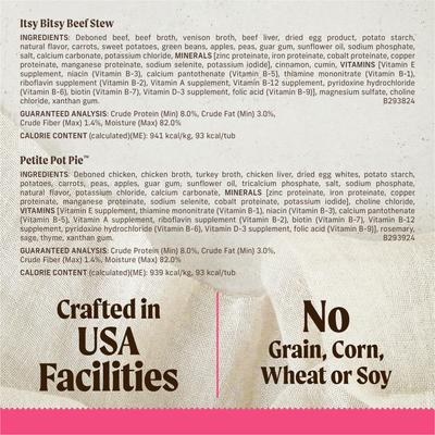 Show full view: Merrick Lil’ Plates Dinner Duos Itsy Bitsy Beef Stew & Petite Pot Pie Variety Pack Grain-Free Wet Dog Food, 3.5-oz tub, case of 12 slide 7 of 11