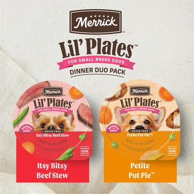 Show full view: Merrick Lil’ Plates Dinner Duos Itsy Bitsy Beef Stew & Petite Pot Pie Variety Pack Grain-Free Wet Dog Food, 3.5-oz tub, case of 12 slide 5 of 11