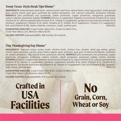 Show full view: Merrick Lil’ Plates Dinner Duos Teeny Texas Steak Tips Dinner & Tiny Thanksgiving Day Dinner Variety Pack Grain-Free Wet Dog Food, 3.5-oz tub, case of 12 slide 7 of 11