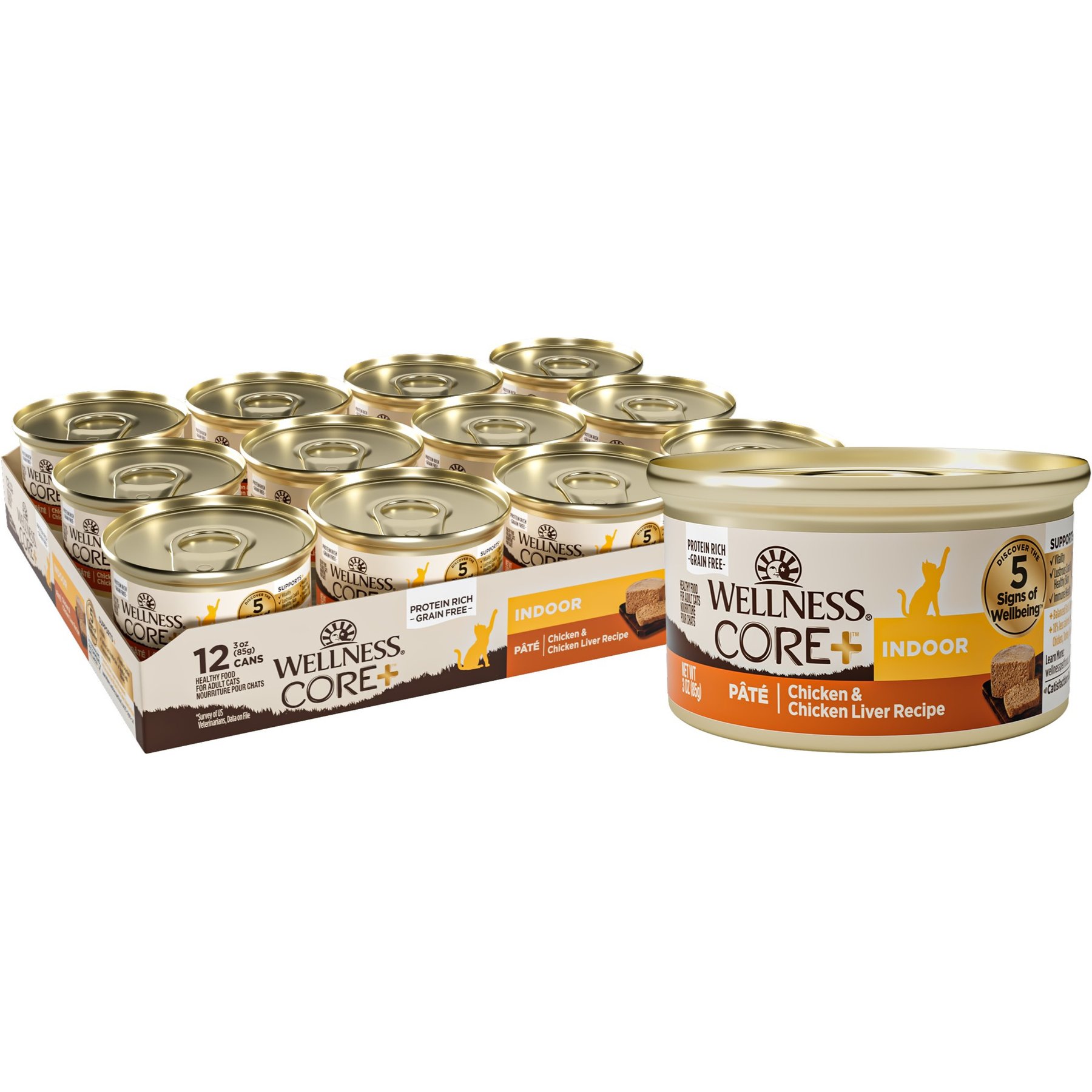 Wellness CORE+ Indoor Pate Chicken & Chicken Liver Natural Grain-Free Wet Cat Food, 3-oz can, case of 12