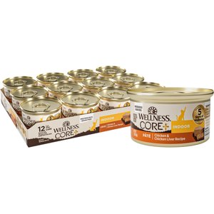 Wellness CORE+ Indoor Grain-Free Chicken & Chicken Liver Pate Wet Cat Food, 3-oz can, case of 12