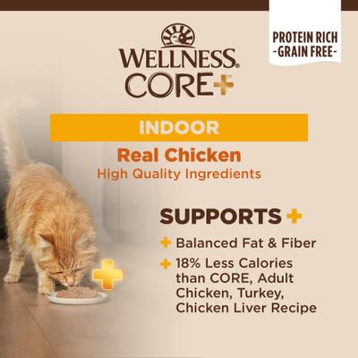 Show full view: Wellness CORE+ Indoor Grain-Free Chicken & Chicken Liver Pate Wet Cat Food, 3-oz can, case of 12 slide 3 of 11