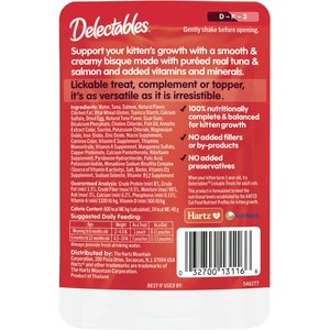 Hartz Delectables Lickable Treat Bisque for Kittens, Complete & Balanced Tuna & Salmon Cat Lickable Treat Treats, 1.4-oz, 12 count