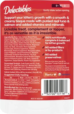 Show full view: Hartz Delectables Lickable Treat Bisque for Kittens, Complete & Balanced Tuna & Salmon Cat Lickable Treat Treats, 1.4-oz, 12 count slide 9 of 12