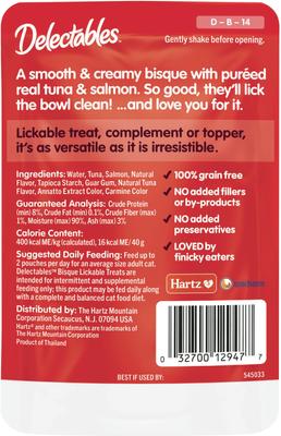 Show full view: Hartz Delectables Lickable Treat Bisque Tuna & Salmon Lickable Cat Treats, 1.4-oz pouch, 12 count slide 8 of 12