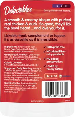 Show full view: Hartz Delectables Lickable Treat Bisque Non-Seafood Recipe Chicken & Duck Lickable Cat Treats, 1.4-oz, case of 12 slide 8 of 13