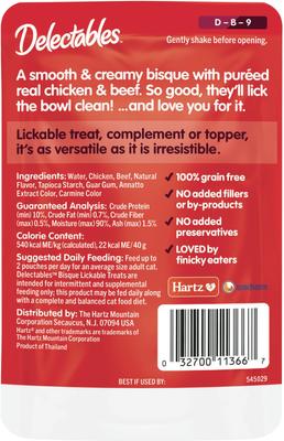 Show full view: Hartz Delectables Lickable Treat Bisque Non-Seafood Recipe Chicken & Beef Lickable Cat Treats, 1.4-oz, case of 12 slide 8 of 13