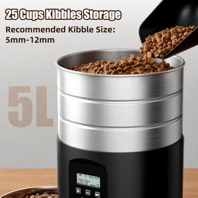 Show full view: Casfuy Stainless Steel Automatic Dog & Cat Feeder with Two Bowls, 5-L slide 4 of 6