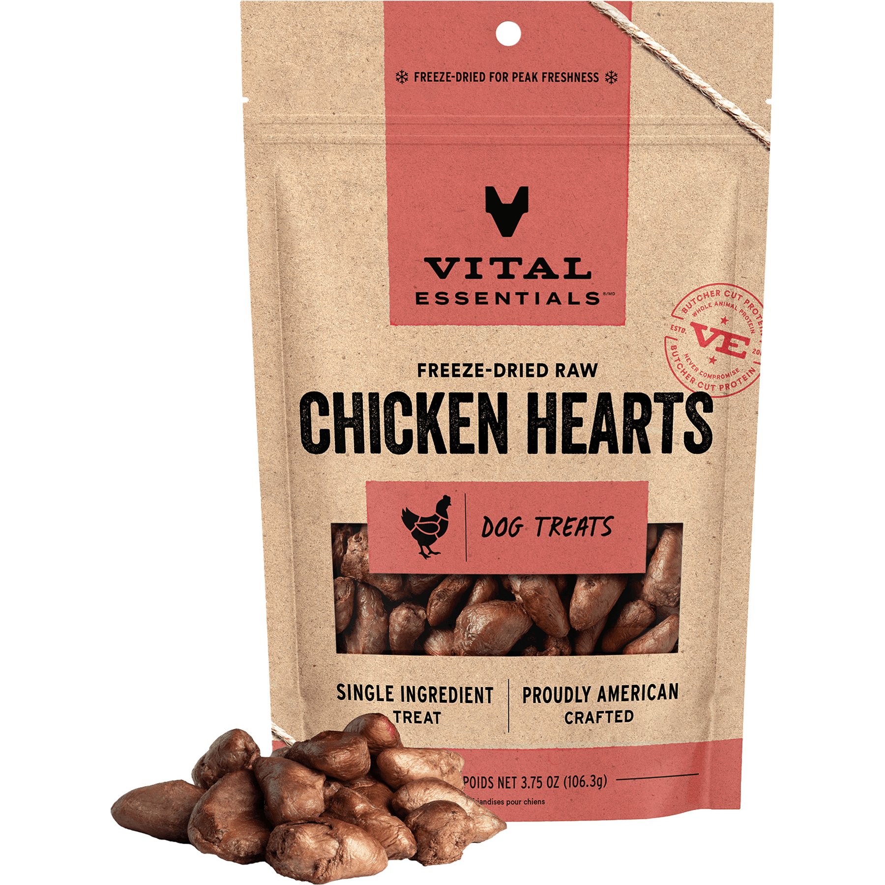 Vital Essentials Chicken Hearts Single Ingredient Freeze-Dried Dog Treats, 3.75-oz bag