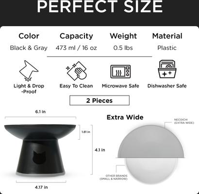 Show full view: Necoichi Extra Wide Raised Basic Edition Non-Skid Elevated Cat Bowl, Grey, 1.5-cup, 2 count slide 3 of 11
