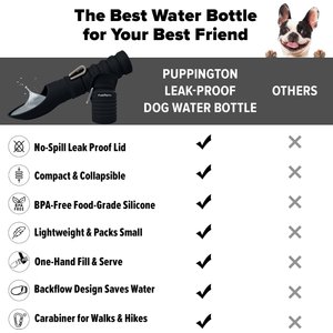 Puppington Collapsible Silicone Dog Water Bottle, 18-oz, Onyx Black