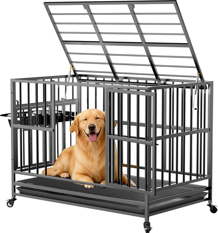 LovMor Heavy Duty Furniture Style Dog Crate with Wheels & Feeders, Black, Medium: 43 inch