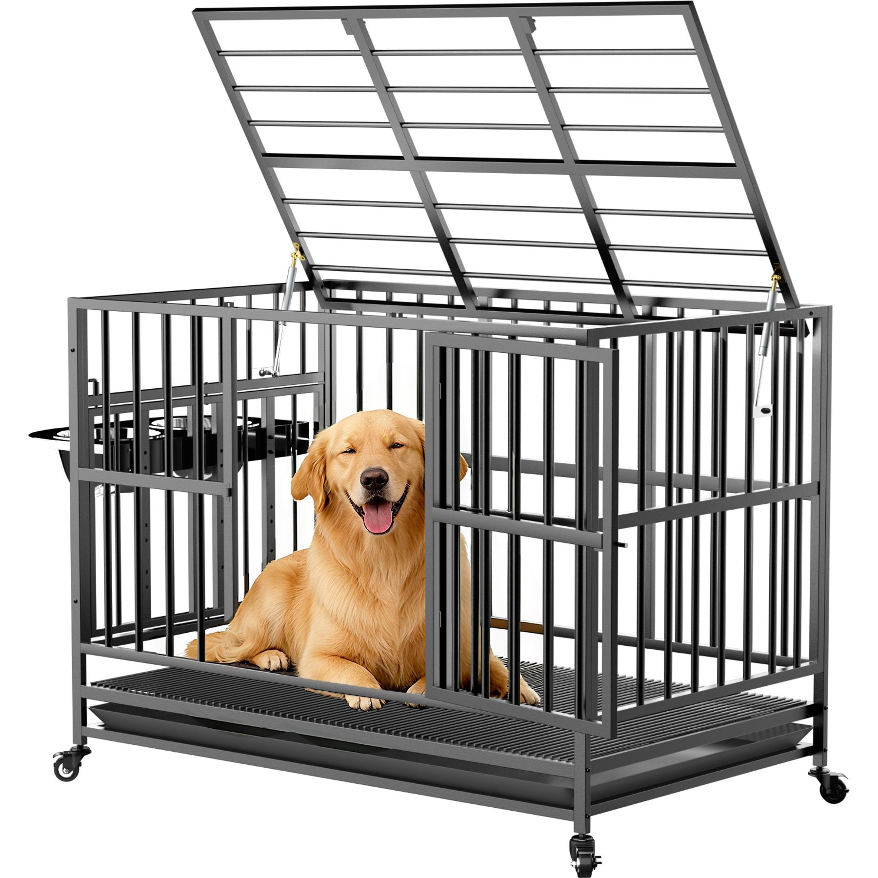 LovMor Heavy Duty Furniture Style Dog Crate with Wheels & Feeders, Black, Medium: 43 inch