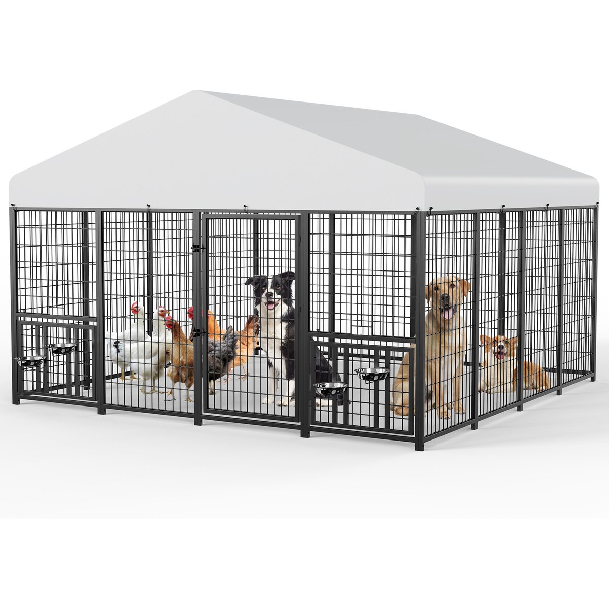 LovMor Heavy Duty Outdoor Dog Kennel with Rotating Bowls, 10 x 10 x 6.5-ft