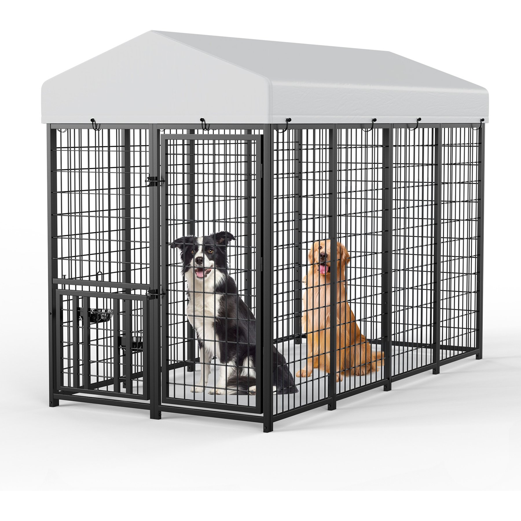 LovMor Heavy Duty Outdoor Dog Kennel with Rotating Bowls, 8 x 4 x 5.6-ft