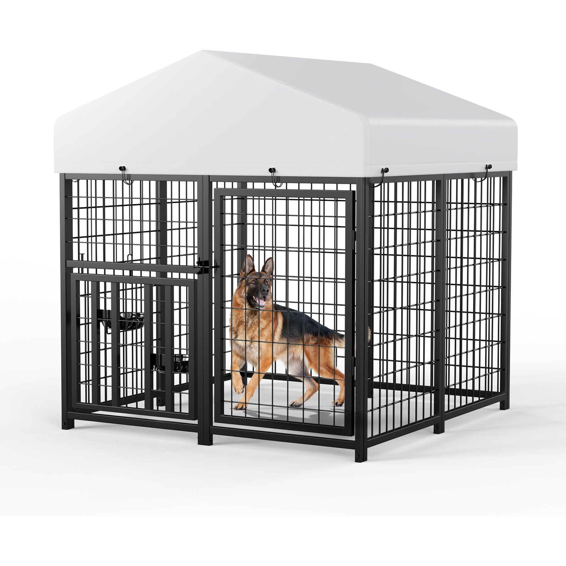 LovMor Heavy Duty Outdoor Dog Kennel with Rotating Bowls, 4 x 4 x 4.25-ft