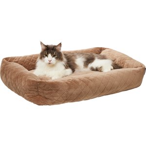 Frisco Velvet Quilted Bolster Cat & Dog Bed, Beige, Medium