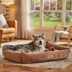 Frisco Velvet Quilted Bolster Cat & Dog Bed, Beige, X-Large