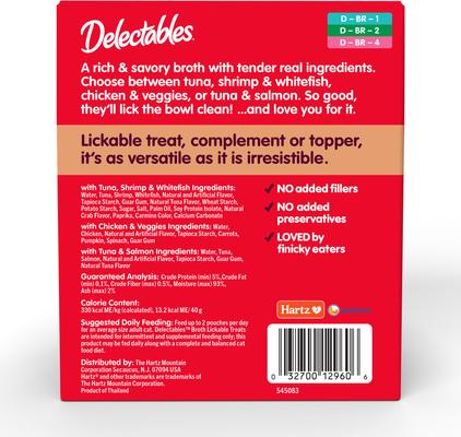 Show full view: Hartz Delectables Lickable Treat Savory Broth Variety Pack Lickable Cat Treats, 1.4-oz pouch, 12 count slide 9 of 12
