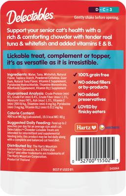 Show full view: Hartz Delectables Lickable Treat for Senior 10+ Chowder Tuna & Whitefish Lickable Cat Treats, 1.4-oz, case of 12 slide 8 of 13