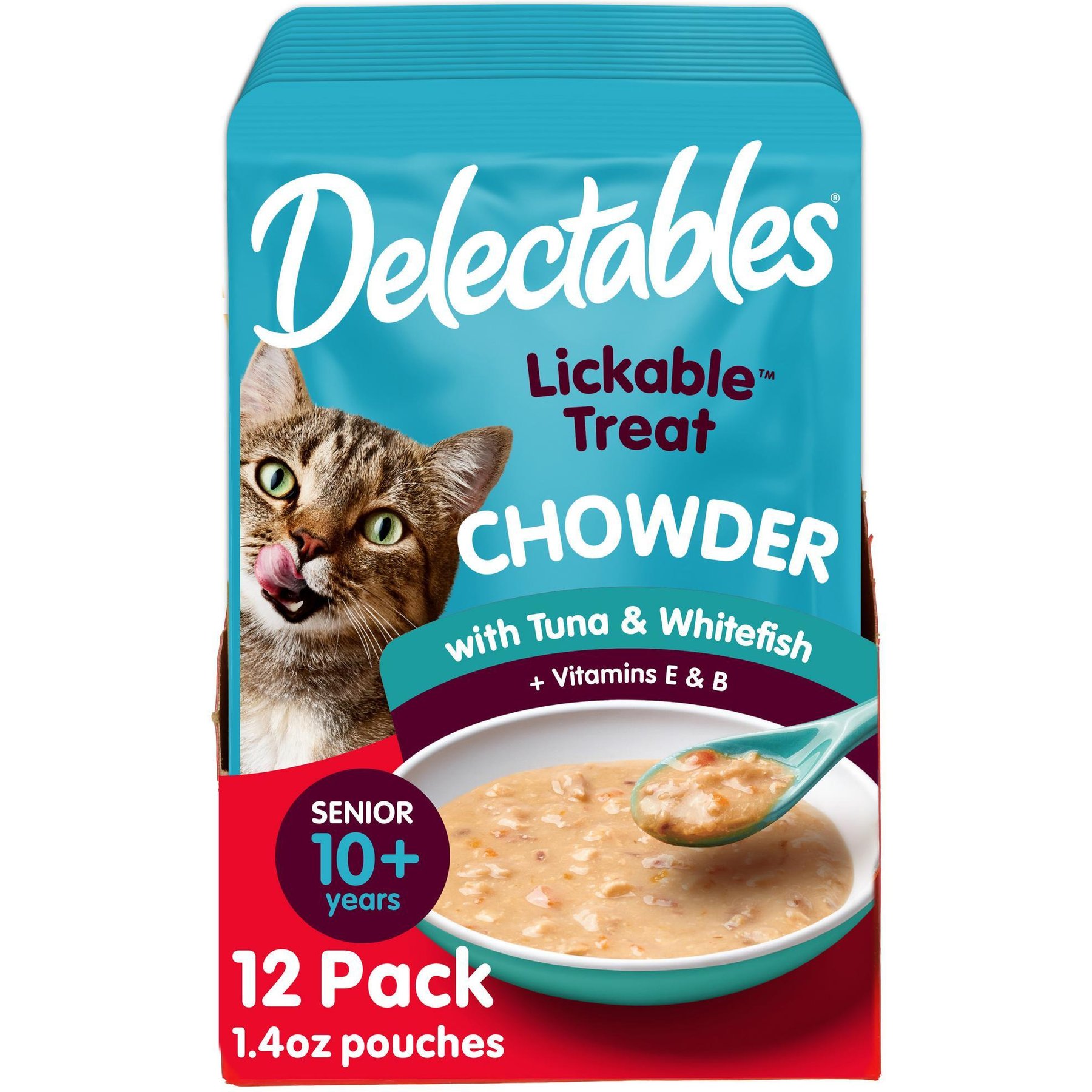 Delectables Lickable Treat for Senior 10+ Chowder Tuna & Whitefish Lickable Cat Treats, 1.4-oz, case of 12