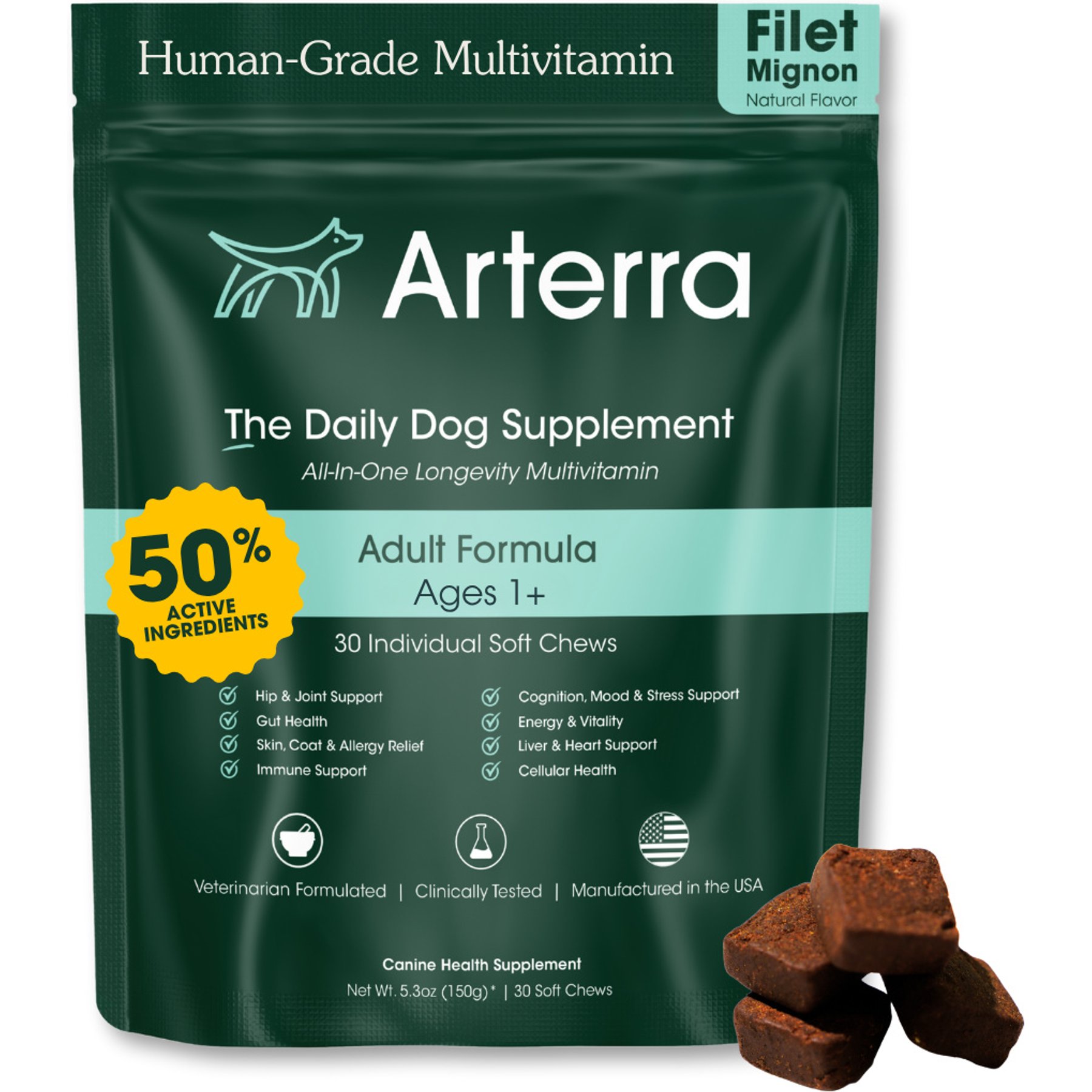 Arterra Longevity Beef Flavored Adult Soft Chew Multivitamin Supplement for Dogs, 30 count