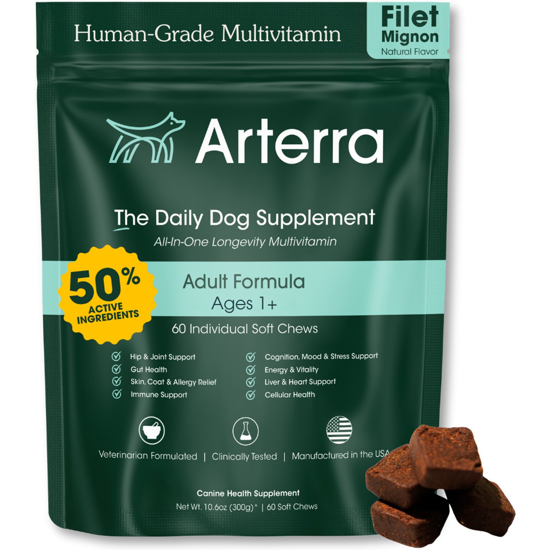 Arterra Longevity Beef Flavored Adult Soft Chew Multivitamin Supplement for Dogs, 60 count