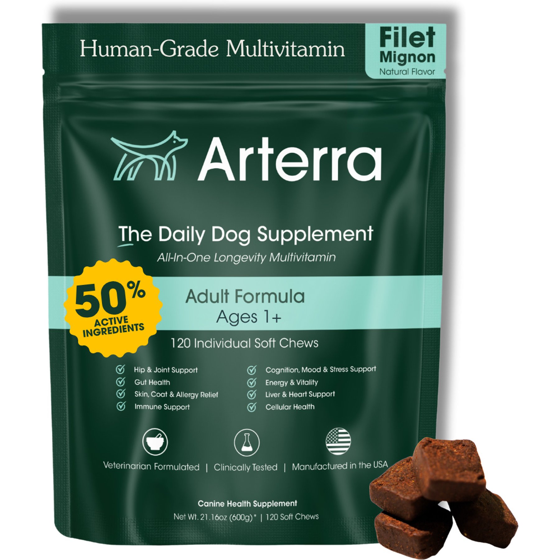 Arterra Longevity Beef Flavored Adult Soft Chew Multivitamin Supplement for Dogs, 120 count