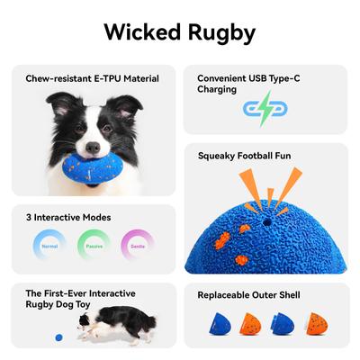 Show full view: Cheerble ETPU Modern Interactive Rugby Ball Squeaky Dog Toy, Blue slide 5 of 11