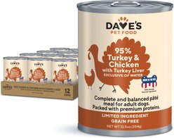 Dave's Pet Food 95% Premium Turkey & Chicken Pate Limited Ingredient Grain-Free Canned Wet Dog Food, 12.5-oz can, case of 12