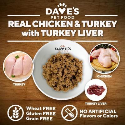 Show full view: Dave's Pet Food 95% Premium Turkey & Chicken Pate Limited Ingredient Grain-Free Canned Wet Dog Food, 12.5-oz can, case of 12 slide 5 of 11