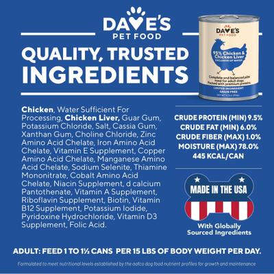 Show full view: Dave's Pet Food 95% Premium Chicken & Chicken Liver Grain-Free Canned Wet Dog Food, 12.5-oz, case of 12 slide 6 of 11
