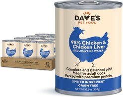 Dave's Pet Food 95% Premium Chicken & Chicken Liver Grain-Free Canned Wet Dog Food, 12.5-oz, case of 12